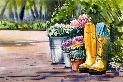 "Gardening Essentials"  original watercolor painting, home wall decor by Irina Povaliaeva