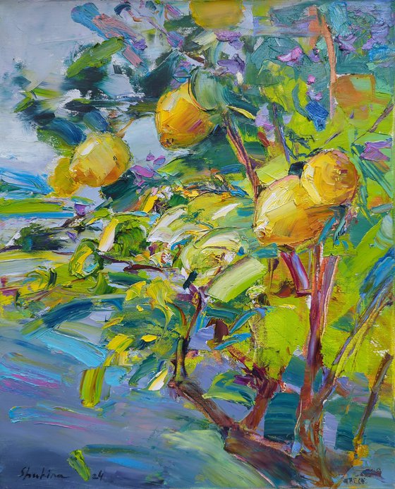 Lemon tree on grey blue