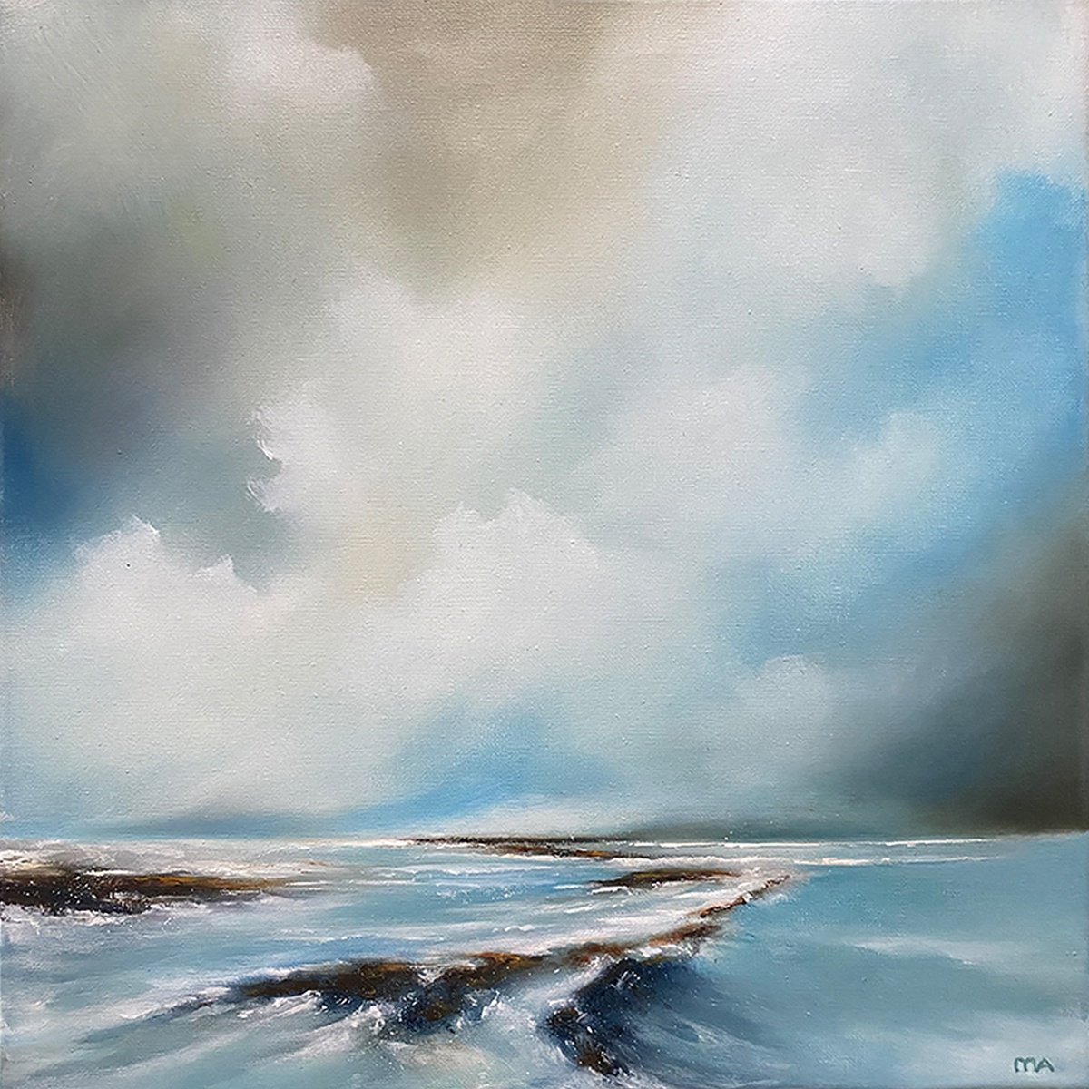 Abstract Landscape Oil Painting By Mullo Art, 18 X 18", Vanishing Shores, Original Artwork