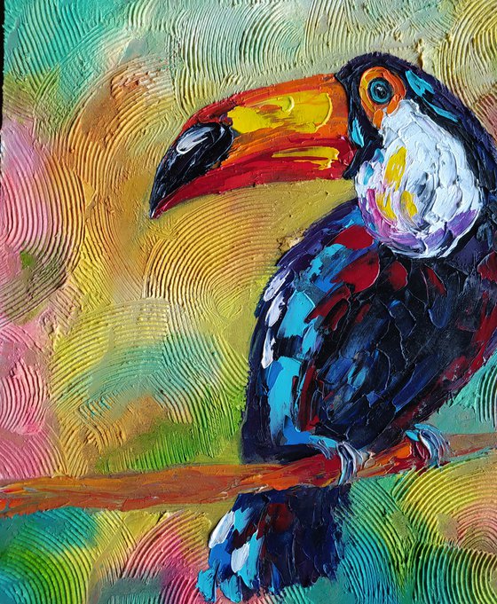 Surrounded by bright colors - toucan oil painting, birds, toucan, animals, bird, birds oil painting