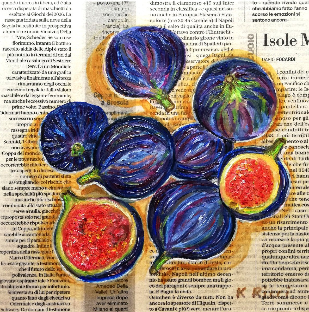 Figs on Newspaper Original Oil on Canvas Board Painting 8 by 8 inches (20x20 cm) by Katia Ricci