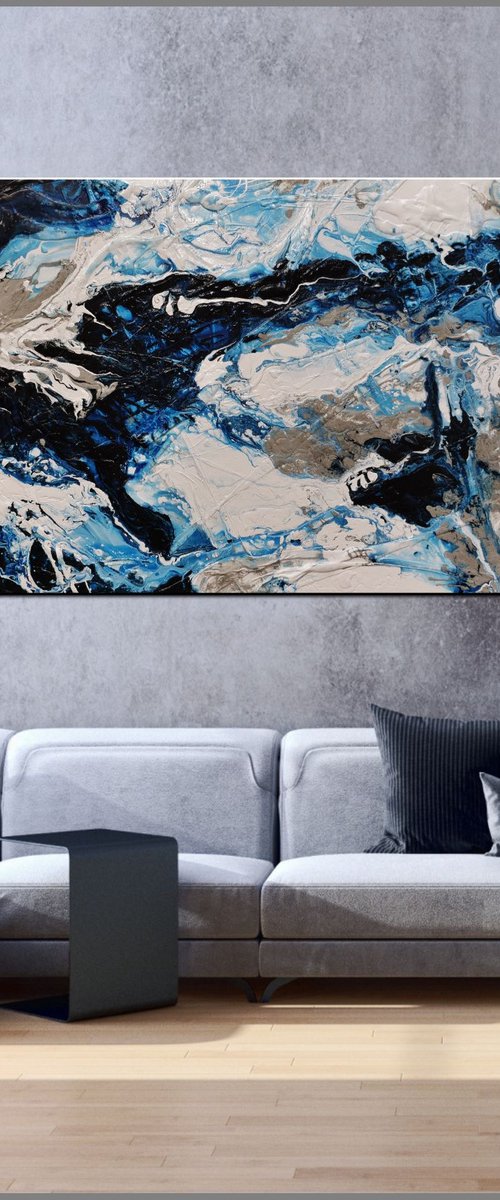 Midnight Rapture 240cm x 100cm Blue White Abstract Art by Franko