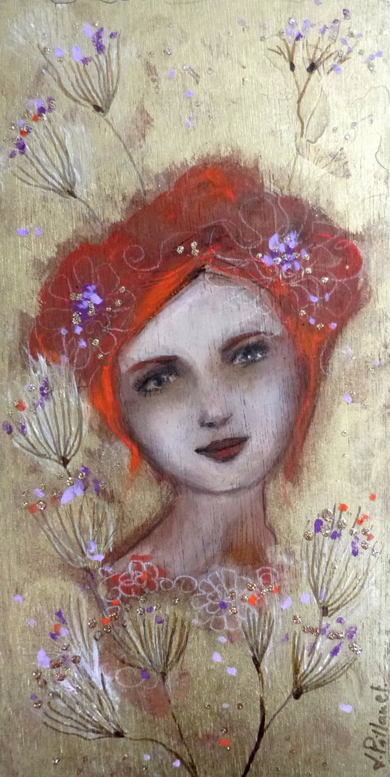 Sentimental 30 x 15 cm. Romantic redheaded woman on wood.