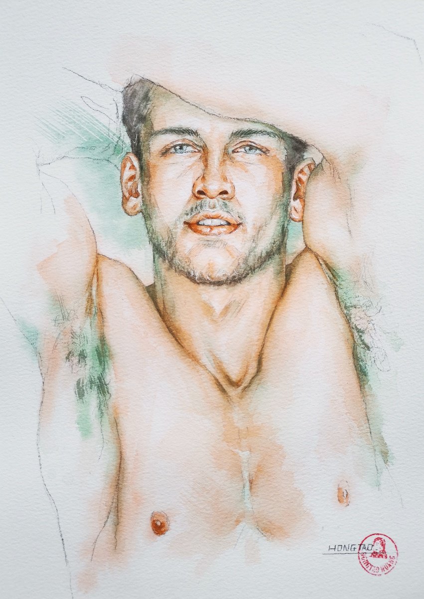 Impressionistic Portrait Watercolour By Hongtao Huang, 7 X 11, Model Man, Original Artwork