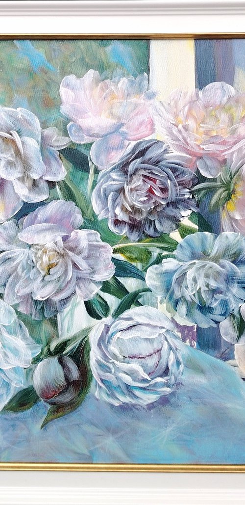The Pionies Bouquet with Bees. Original. by Elena Pertceva