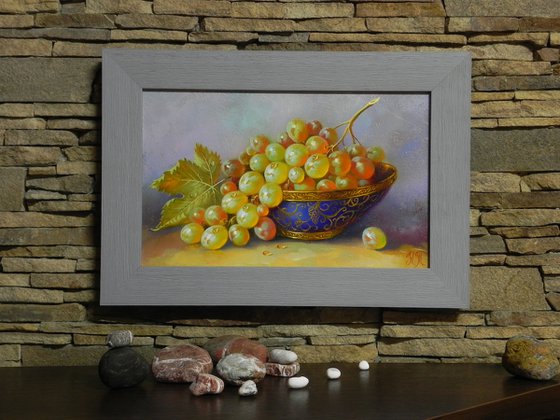 "Still Life with white grapes " Oil on canvas Original art Kitchen decor