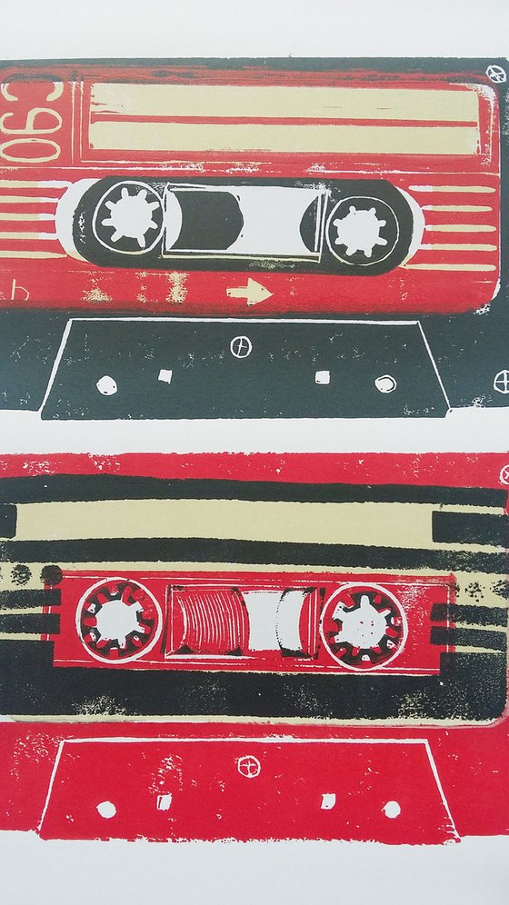 Linocut tapes duo #2 (cassette tapes, retro music, 70's, 80's rock culture)