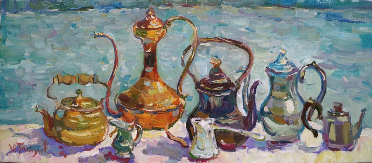 Impressionistic Still Life Oil Painting By Yuliia Pastukhova, 31 X 13", Kettles, Original Artwork