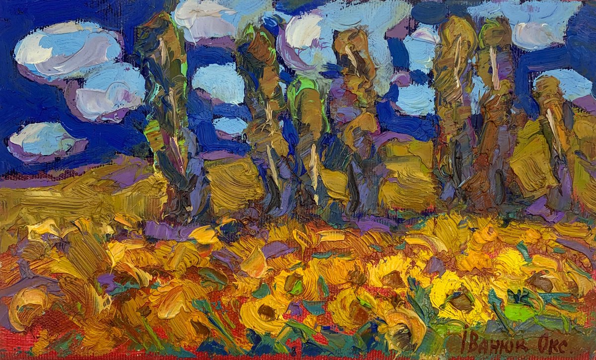 Impressionistic Landscape Oil Painting By Kalenyuk Alex, 10 X 6", Sunflower Field, Original Artwork
