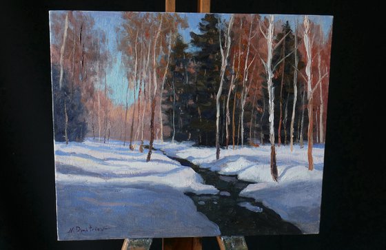 The Forest Brook - original sunny landscape, winter painting