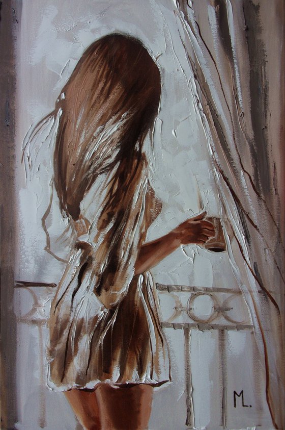 " COFFEE ... "-   liGHt  ORIGINAL OIL PAINTING, GIFT, PALETTE KNIFE nude