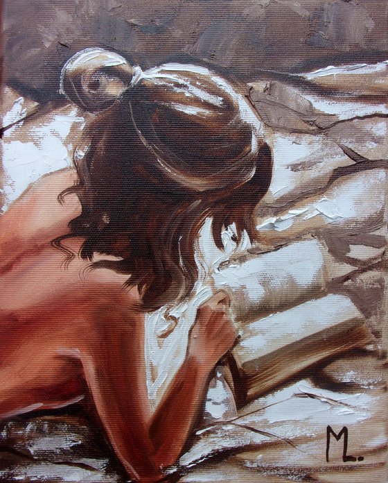 " READING IN BED ...  " book lover original painting ROOM  palette knife GIFT brown