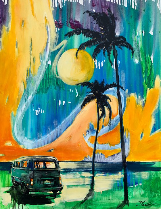 Bright sunset - "California sunset" - Pop Art - Palms - Old school car - Miami - Ocean - Seascape