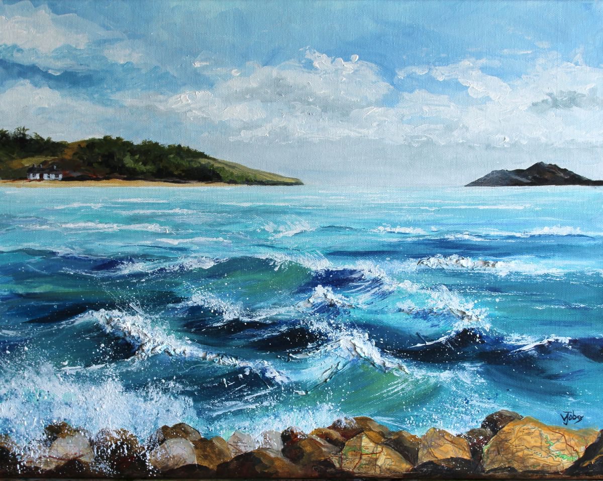 Impressionistic Landscape Acrylic Painting By Valerie Jobes, 18 X 14", A Lively Sea On A Sunny Day, Original Artwork
