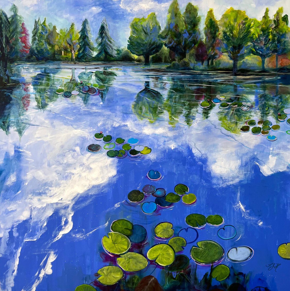 Impressionistic Botanical Acrylic Painting By Sandra Gebhardt-Hoepfner, 39 X 39", Waterliliespond 2, Original Artwork