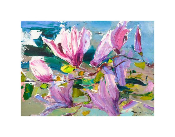 Magnolia branch, spring impressions . Blooming tree . Original oil painting