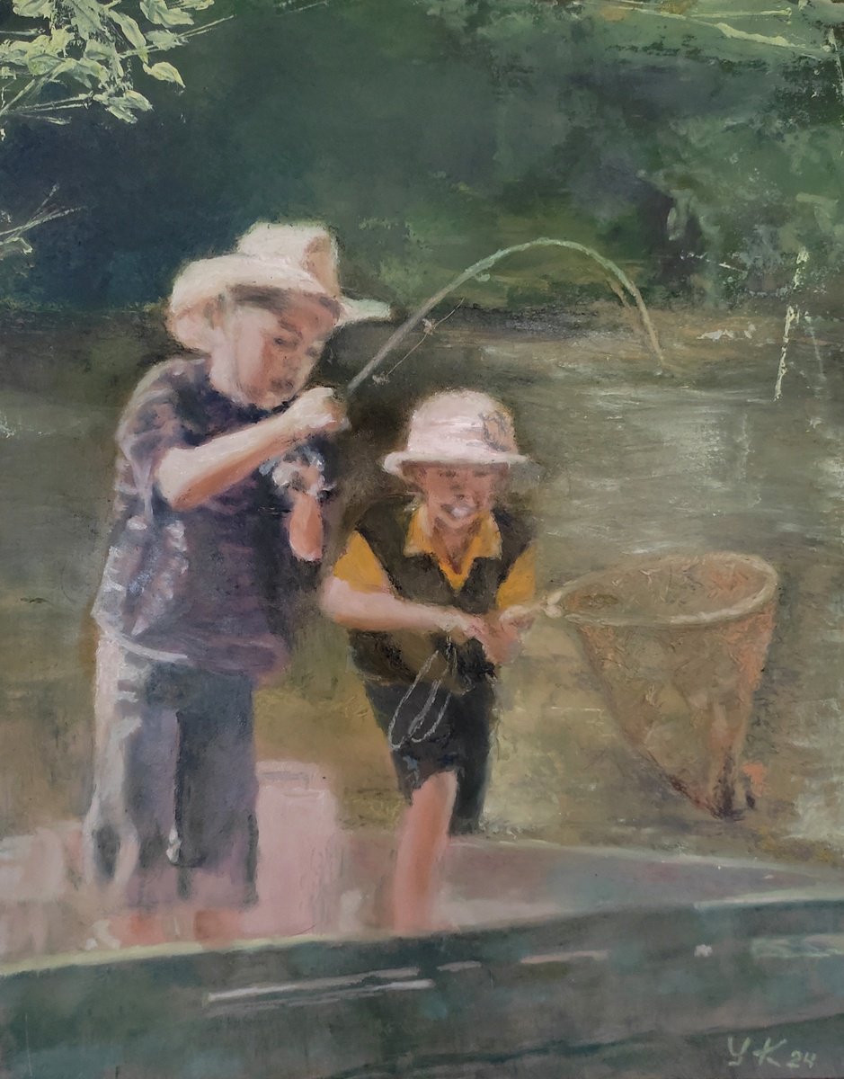 Impressionistic Portrait Oil Painting By Yuliia Kyrsanova, 16 X 20", Fishing, Original Artwork