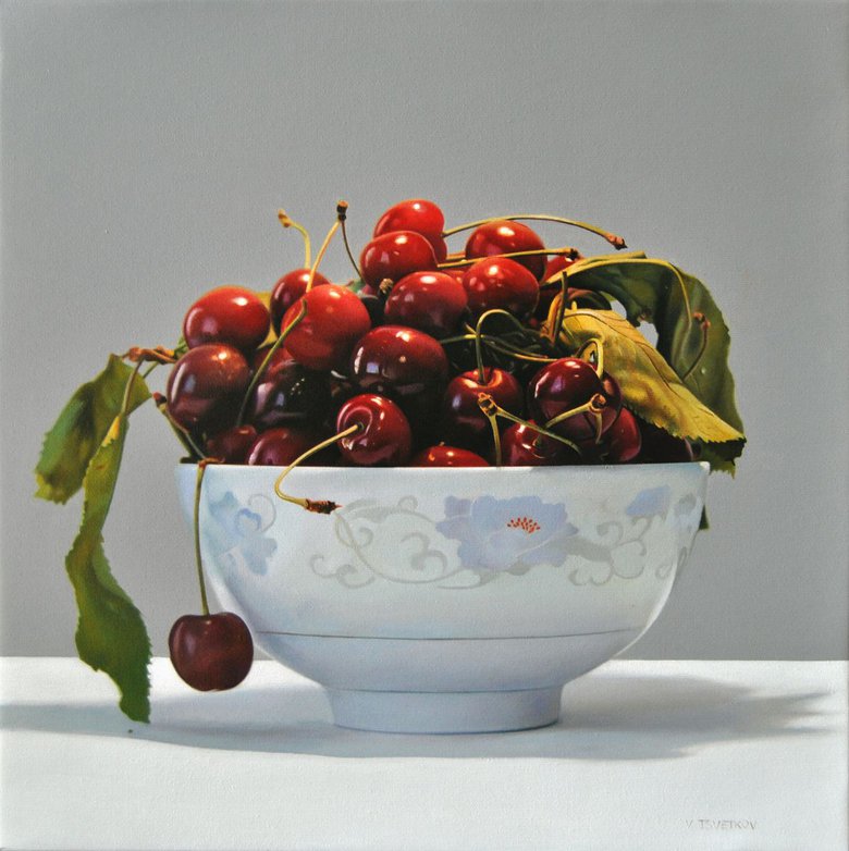 Still life with cherries , Original oil on canvas painting Oil painting ...