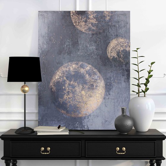"Golden Planets" Abstract space acrylic art