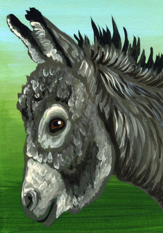 ACEO ATC Original Miniature Painting Donkey Burro Farmyard Art-Carla Smale