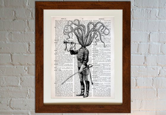 Octopus Soldier - Collage Art Print on Large Real English Dictionary Vintage Book Page