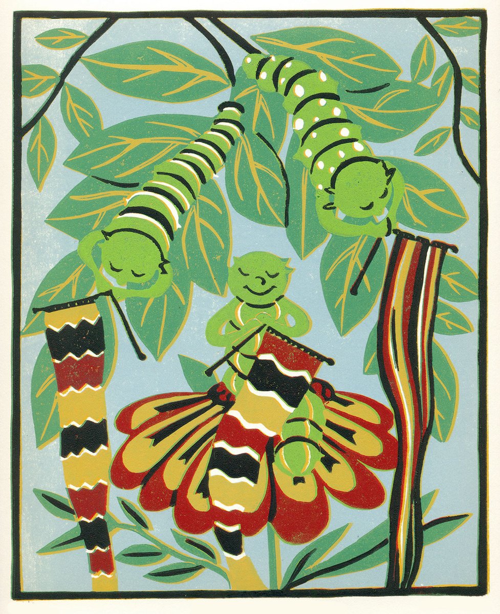 Illustrative Animal Linocut By Kate Goetz, 11 X 13", Three Little Caterpillars, Original Artwork