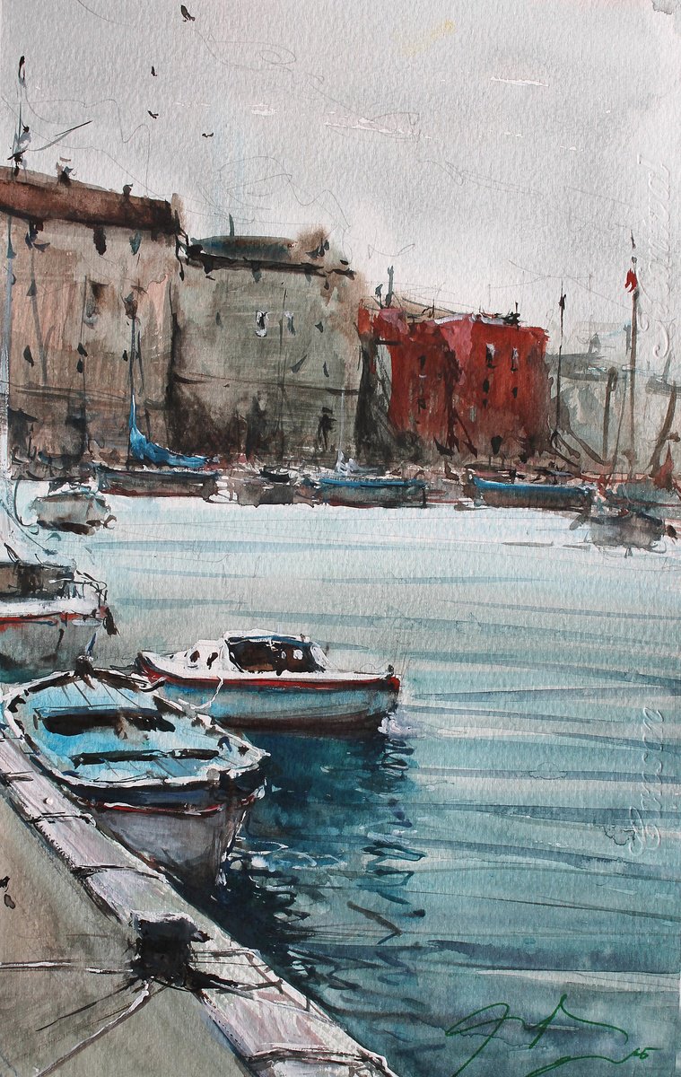 Impressionistic Landscape Watercolour By Maximo Damico, 9 X 14", Amalfi Boats And Town, Original Artwork