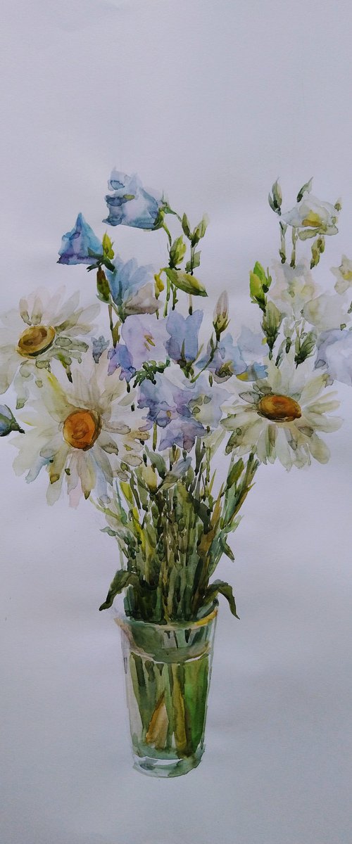 Bouquet with daisies and bluebells.  Original watercolour painting. by Elena Klyan