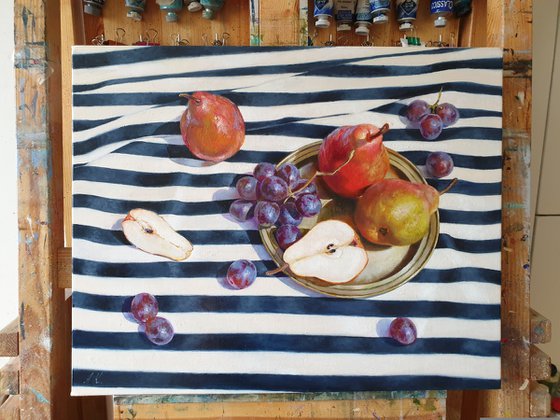 "Pears and grapes on a striped tablecloth."  still life summer grape pear white liGHt original painting  GIFT (2019)