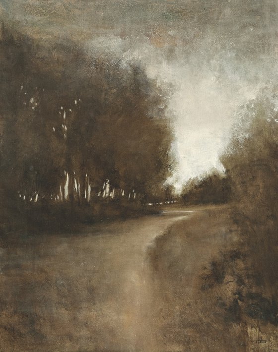 Evening Path 220811, Tonal landscape and trees impressionist oil painting