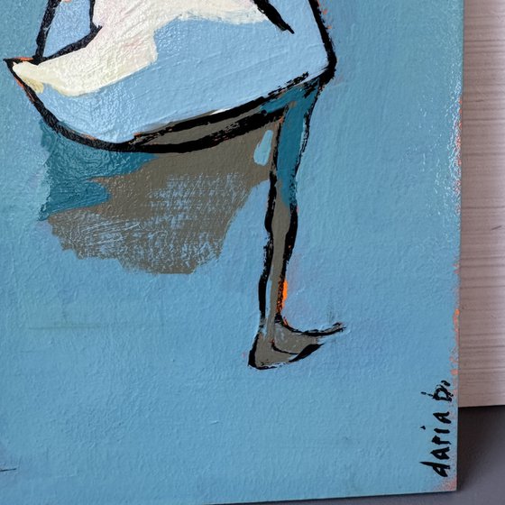 Original Small Painting Blue "2 Swans"