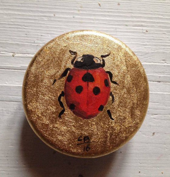 My Tiny Golden Ladybug Oil Painting on Round Lacquered Golden Leaf Canvas Frame