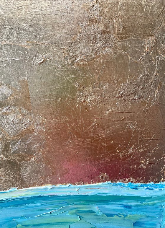 Gold Leaf Oil Paining, Sea Ocean Large Original Artwork on Wood, Seascape Vertical Wall Art