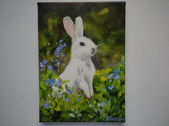 White Rabbit with Blue Flowers