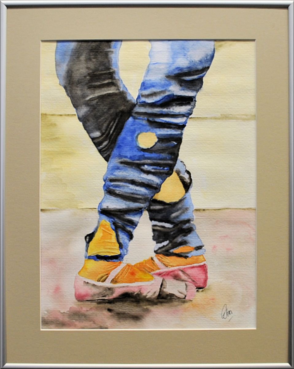Dancing Jeans - blue watercolor painting, matted and framed by Edelgard Schroer