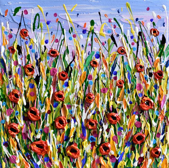 Poppy Meadow II - Original Wildflower Abstract Painting, Impasto Art