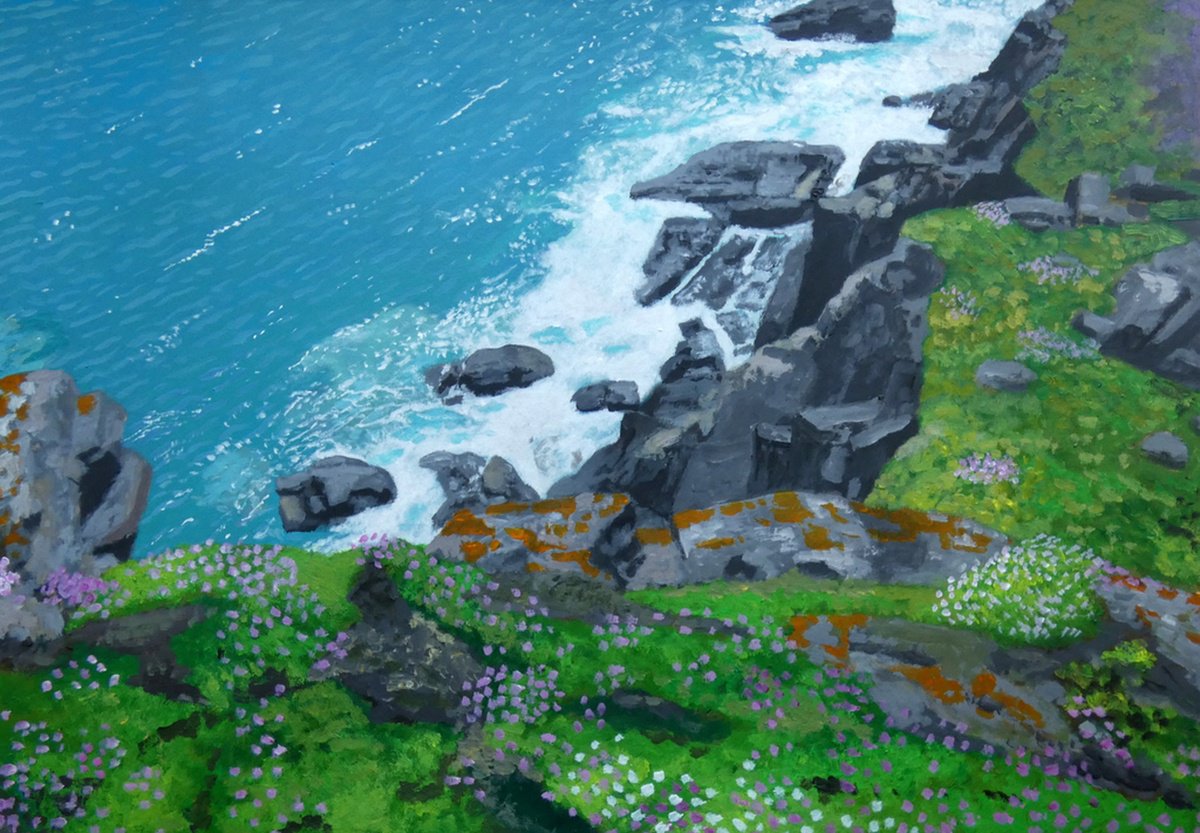 Landscape Acrylic Painting By Tim Treagust, 17 X 12", Coast Near Gurnards Head, Original Artwork