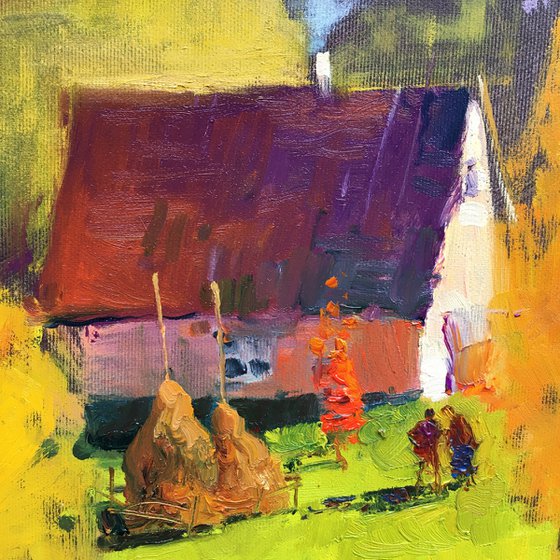 Oil on canvas painting Autumn landscape with trees and house in mountains