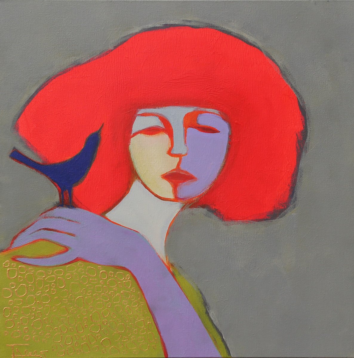 Expressive Portrait Acrylic Painting By Tatjana Auschew, 20 X 20", Portrait With A Thrush., Original Artwork