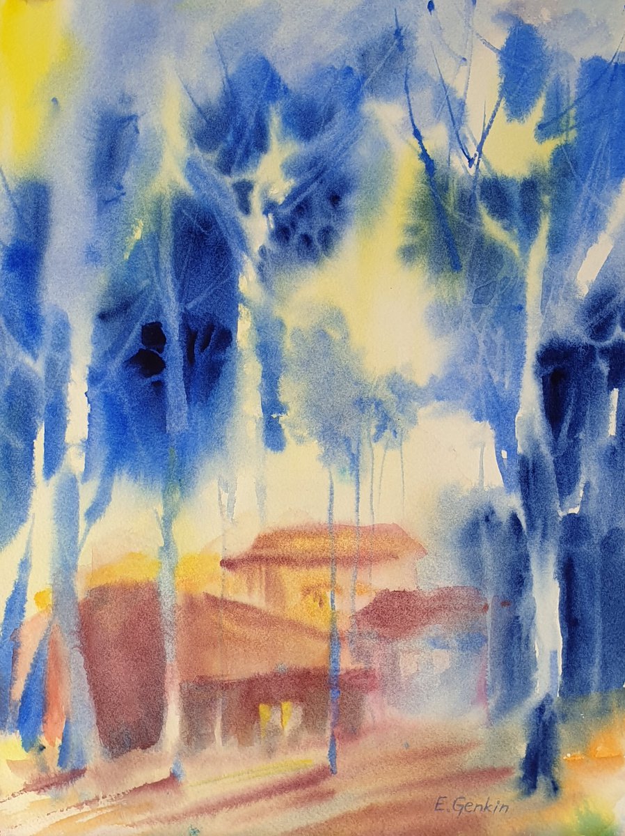 Impressionistic Landscape Painting By Elena Genkin, 12 X 16, Living In A Forest, Original Artwork