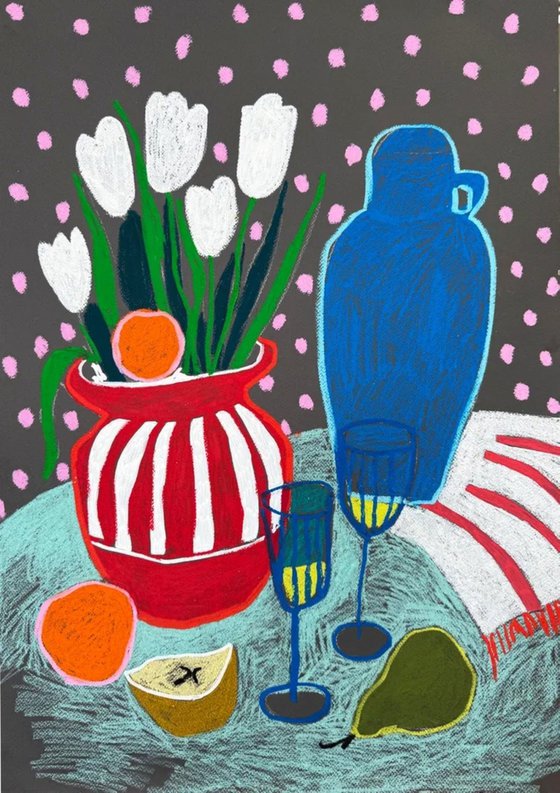 Tulips, Fruit and a Blue Visitor