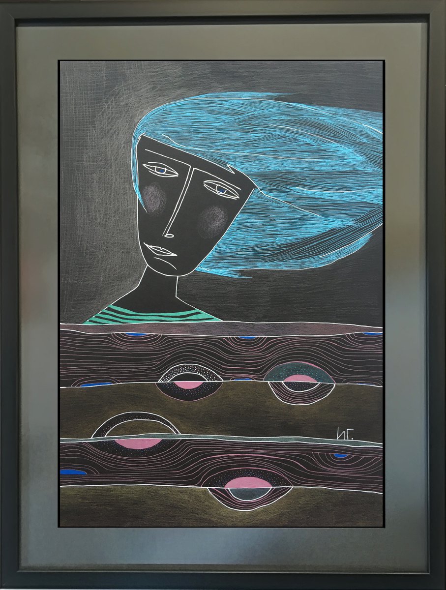 Naive Portrait Drawing By Irina Goleva, 19 X 25, New Wind, Original Artwork