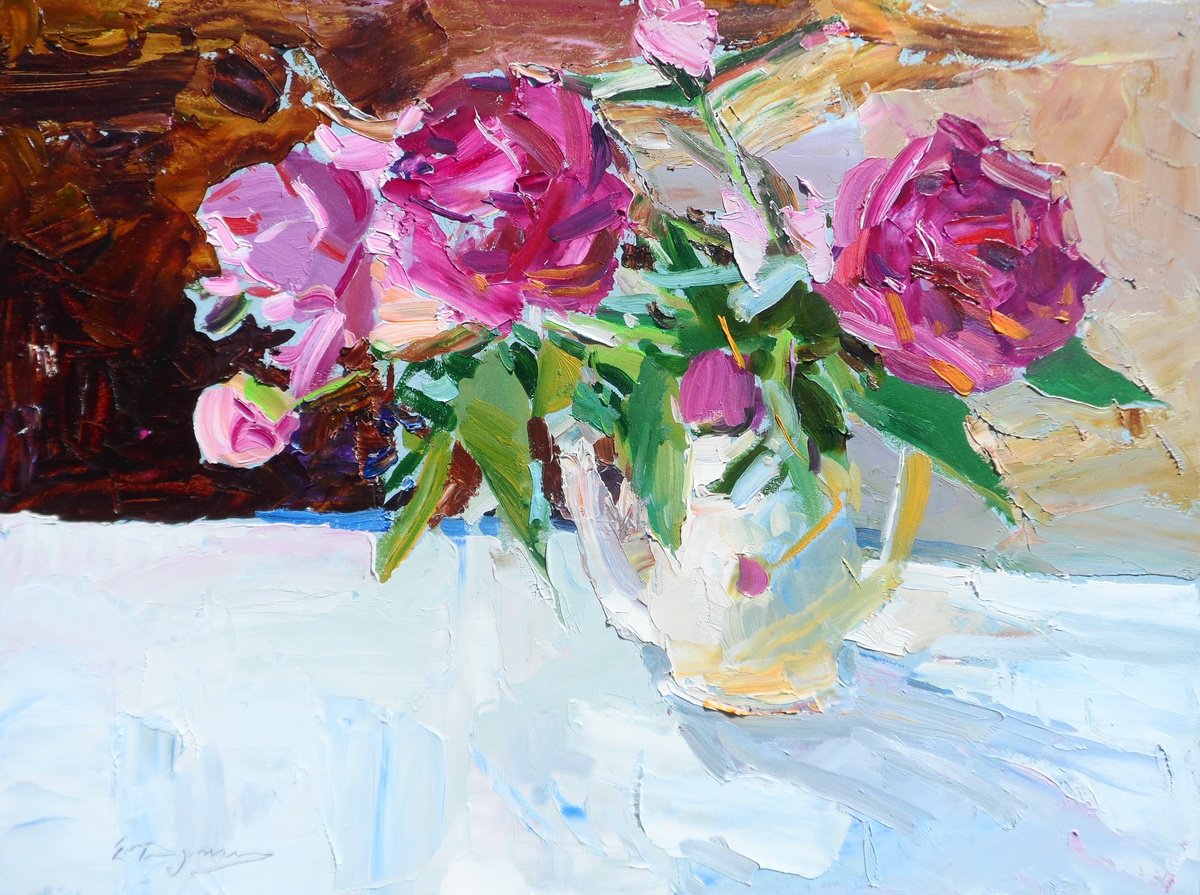 Impressionistic Botanical Oil Painting By Yehor Dulin, 16 X 12", " Peonies", Original Artwork