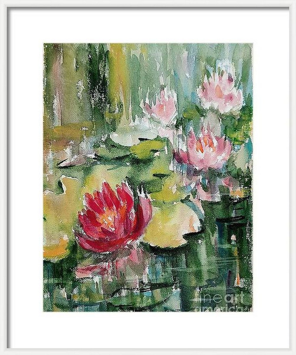 Red Lotus and Pink water lilies pond by Asha Shenoy