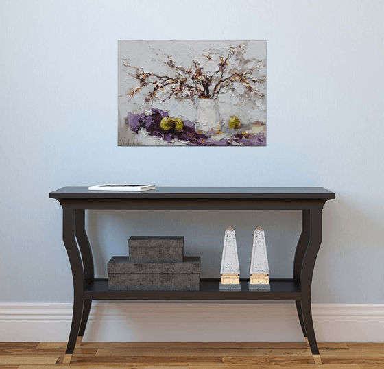 Spring still life with flowering branch Original Oil painting