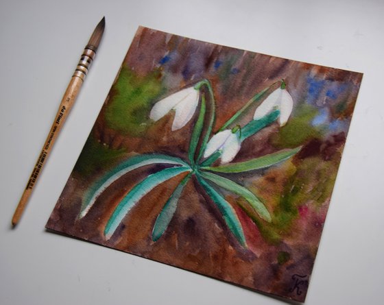 Snowdrops watercolor painting, flower wall art, floral gift for her