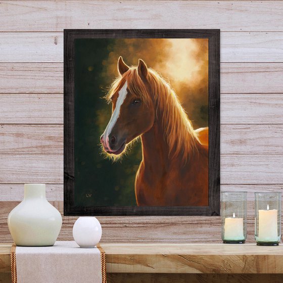 Brown horse portrait at sunset