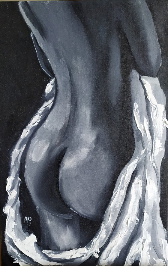 First time, small nude erotic oil painting, black and white woman art