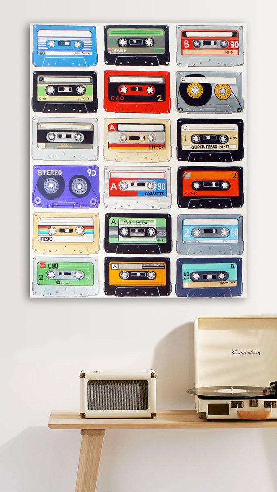 My mix (cassette tapes, retro music, 70's, 80's rock culture, large canvas artwork)