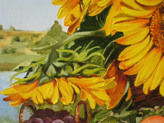 Sunflowers in a rustic basket